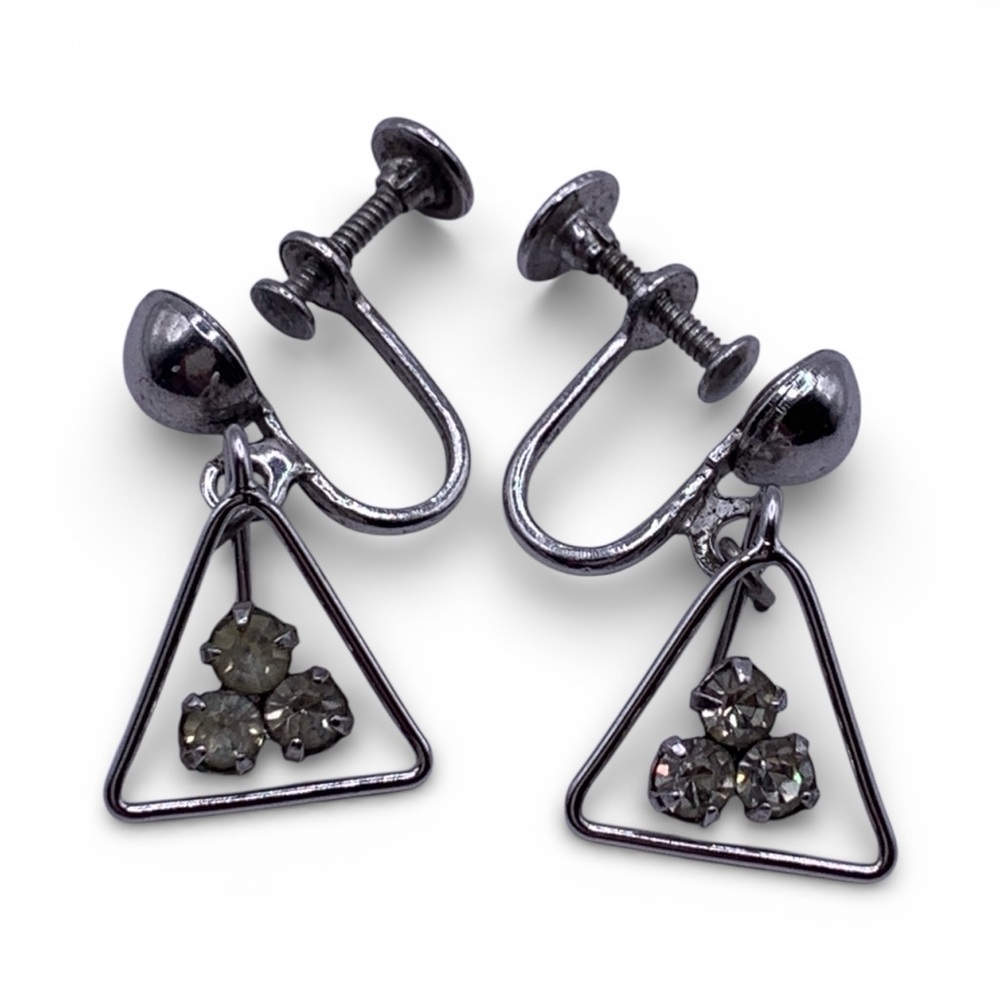 Beaucraft Sterling Silver Vintage Triangle Rhinestone Screw Back Earrings